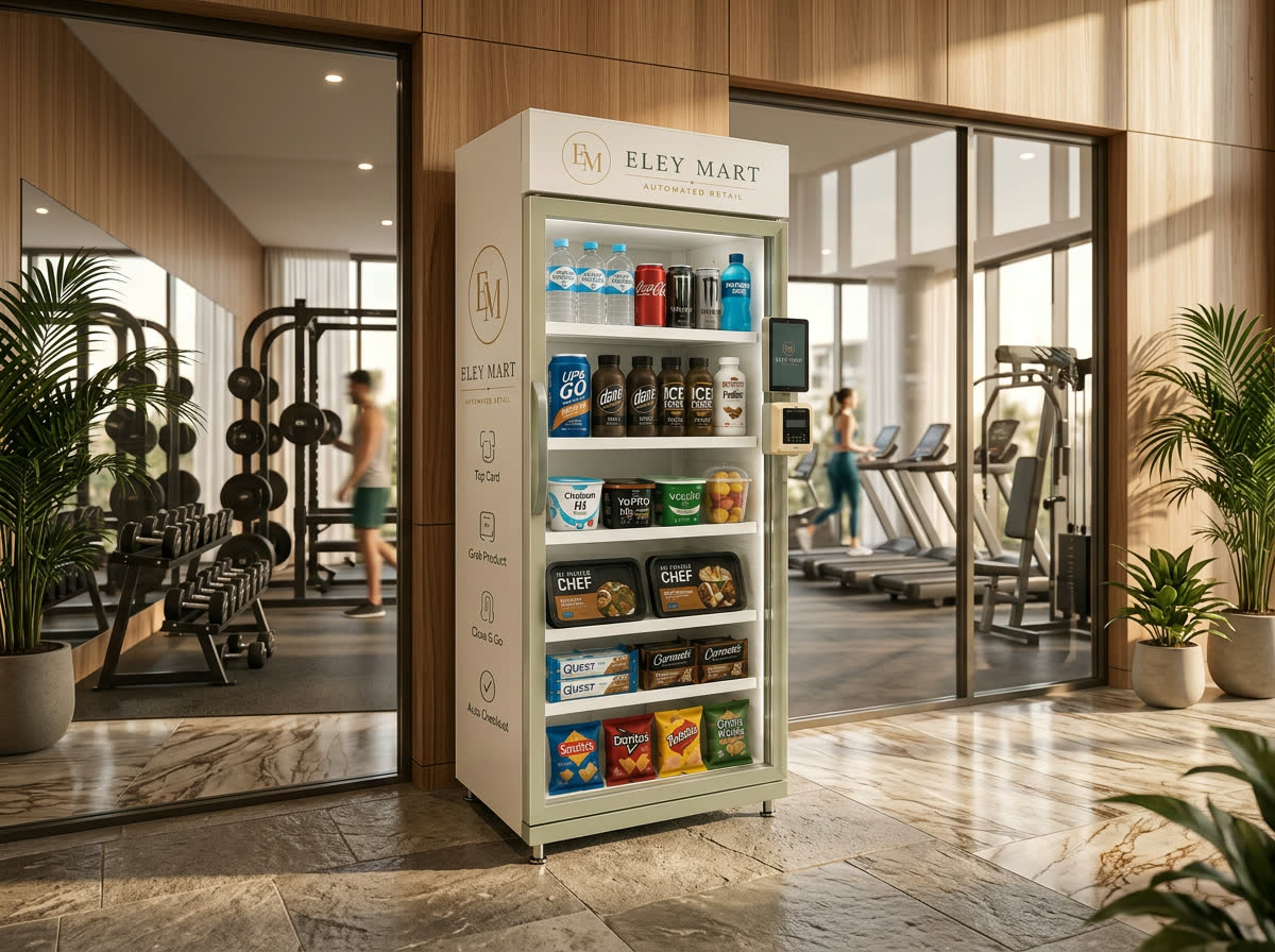 Eley Mart smart fridge in an apartment building lobby beside the gym