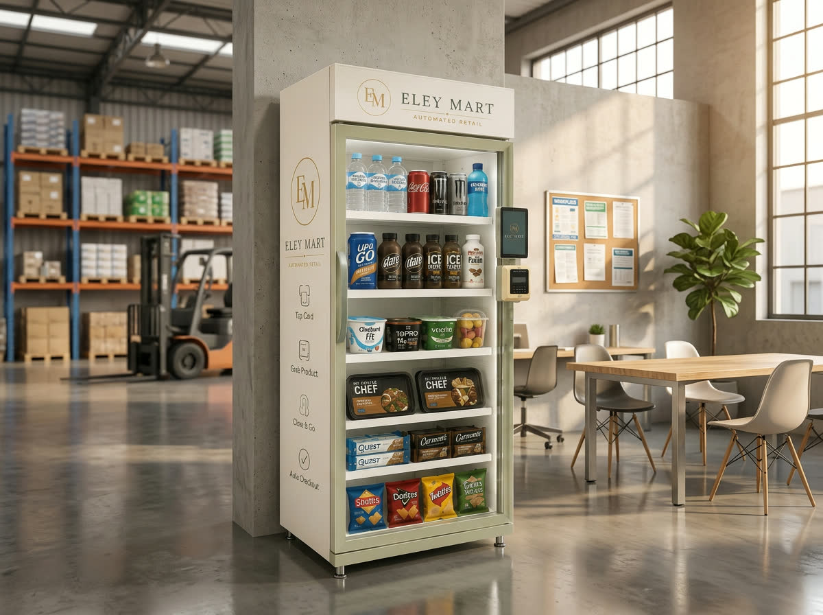 Eley Mart smart fridge in a modern warehouse breakroom