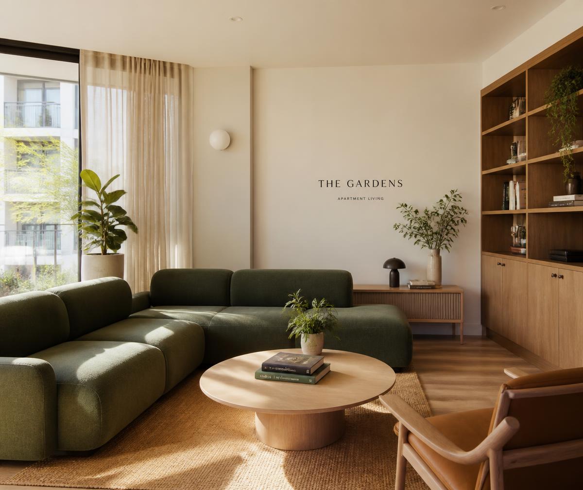 A warm, modern apartment building shared lounge