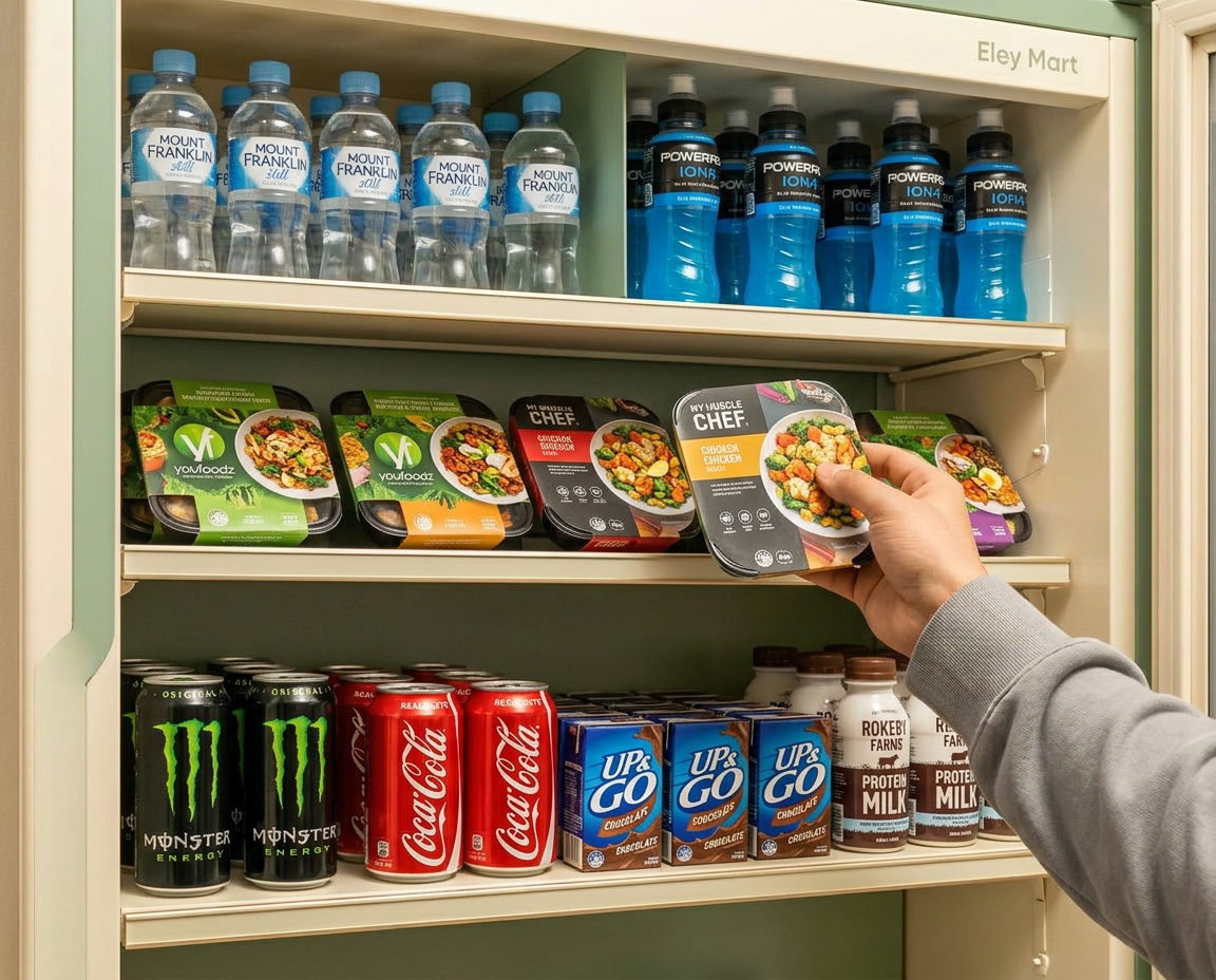 A hand opening the glass door of the smart fridge