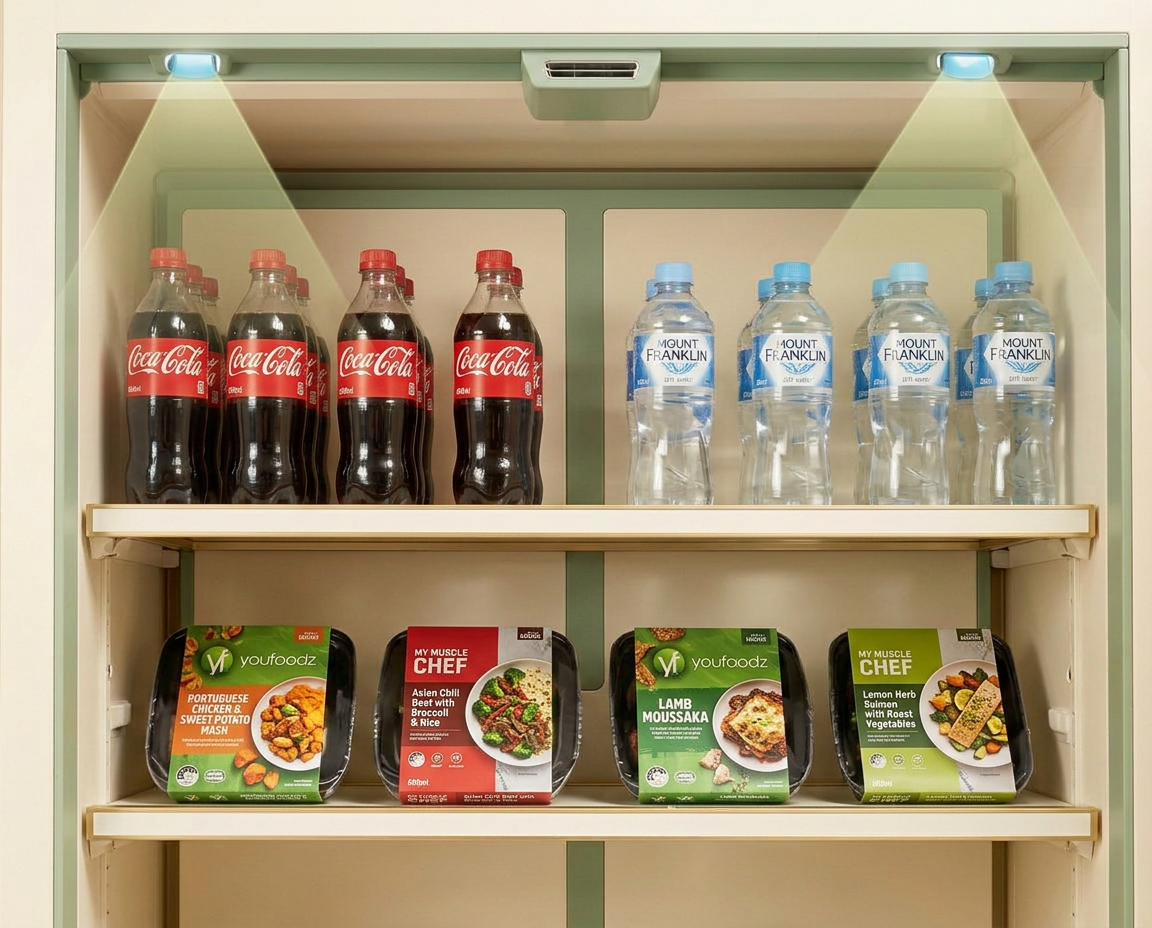 A hand lifting a chilled meal from the fridge shelf