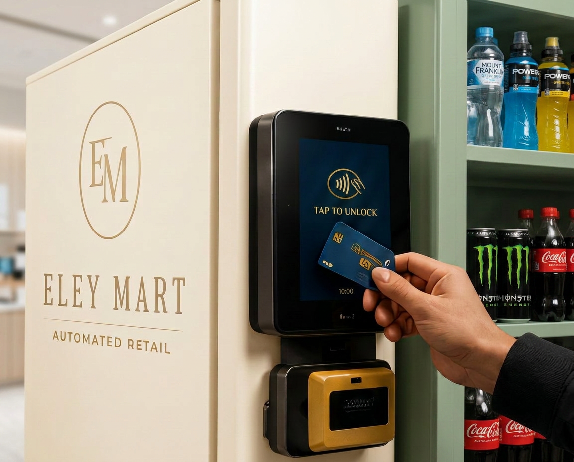 A hand tapping a card on the fridge payment reader